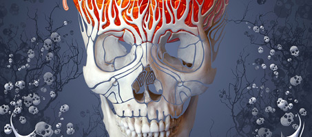 Halloween card. Creepy skull with the pumpkin brains effect.